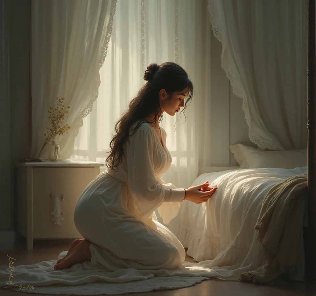 mulher orando antes de dormir com luz suave e ambiente tranquilo