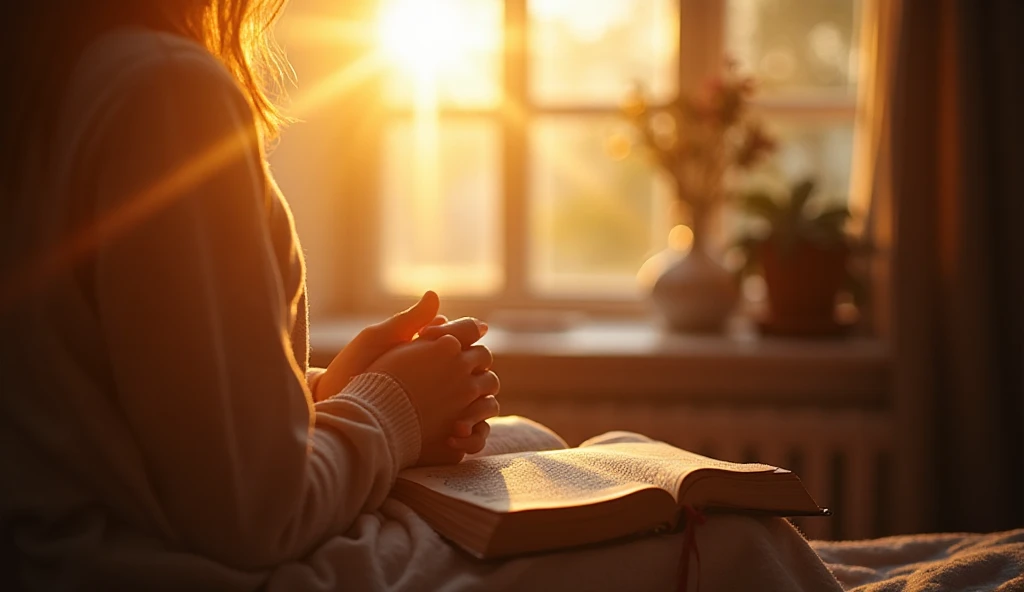 Pessoa orando pela manhã com Bíblia aberta ao lado da janela com luz do sol nascente - 5 minutos com Deus