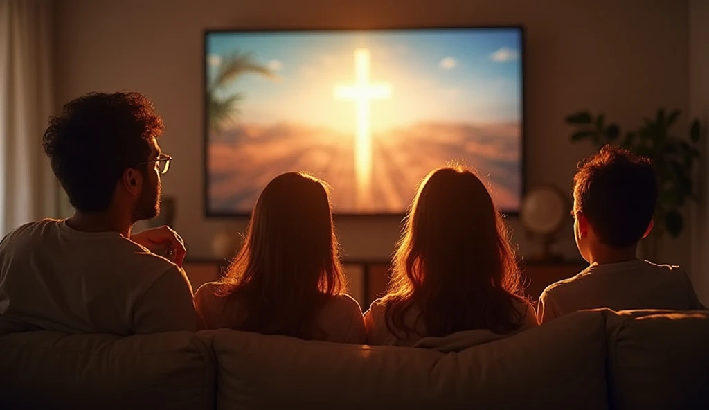 Família assistindo culto online pela TV em ambiente acolhedor.