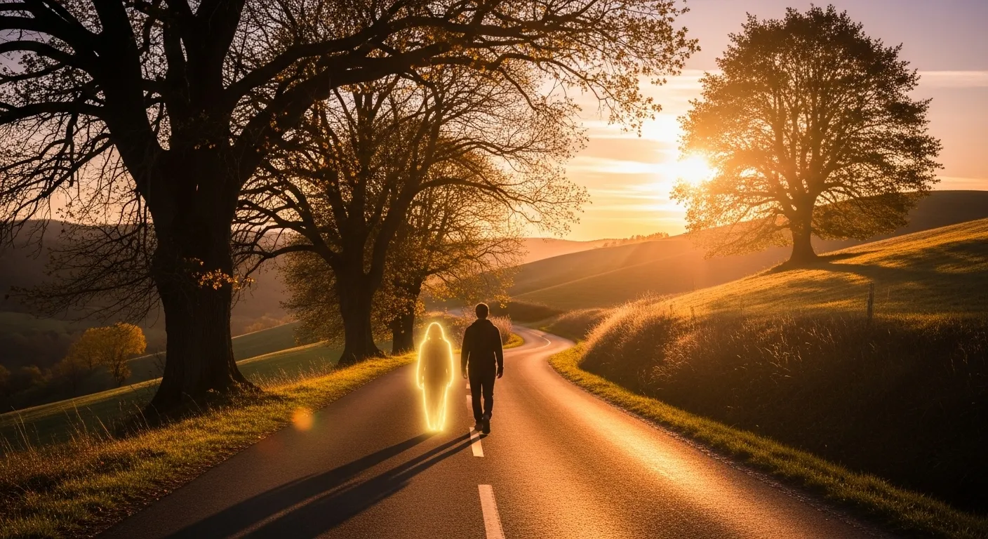 Pessoa caminhando em uma estrada iluminada por luz celestial, simbolizando a presença constante de Deus.