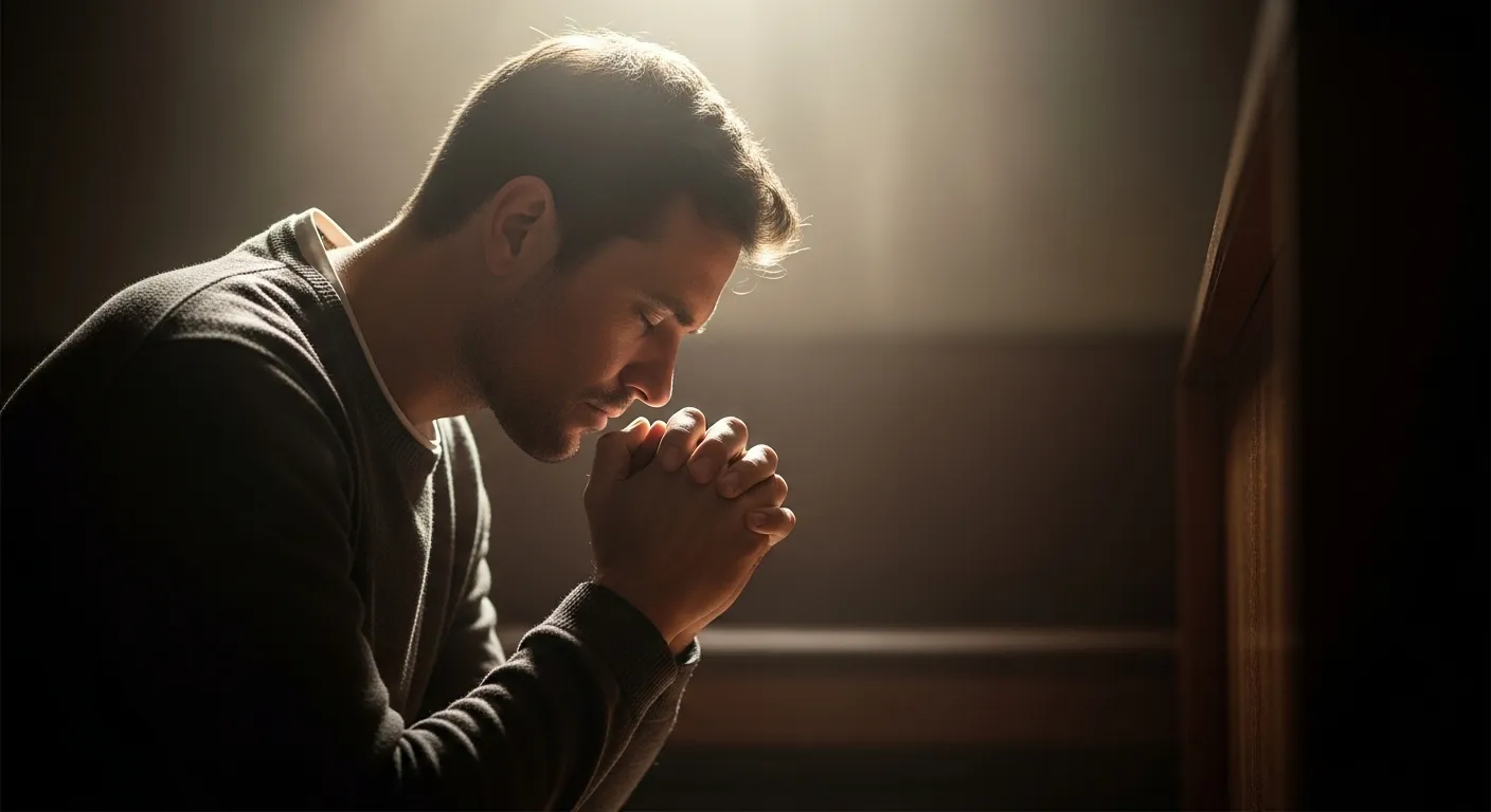 Homem orando em silêncio enquanto raios de luz atravessam uma janela, representando que Deus está trabalhando em silêncio.