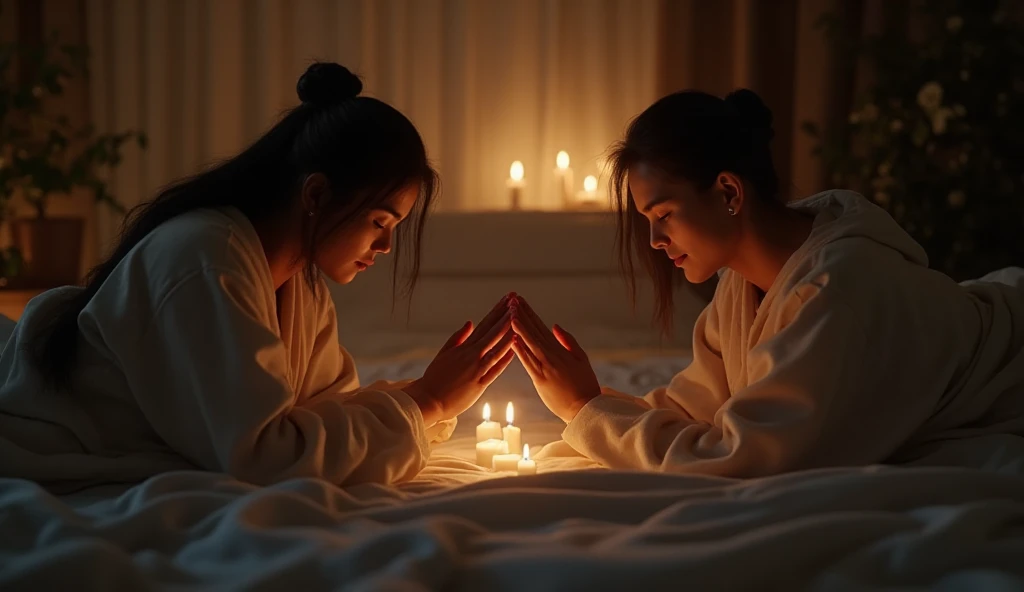 Homem e mulher orando antes de dormir, buscando paz e descanso em oração da noite.