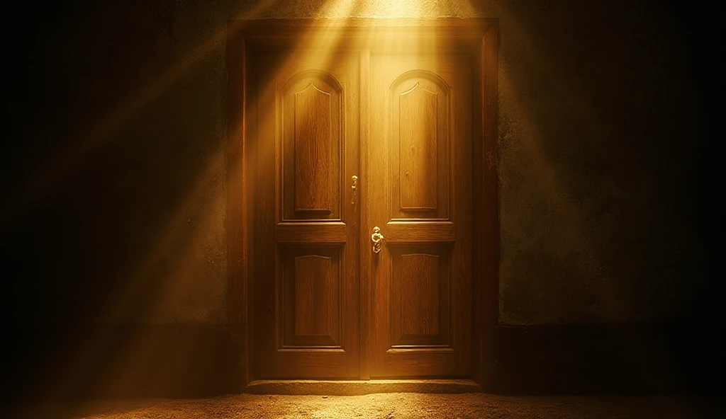 Porta fechada com luz divina brilhante vazando pelas frestas - portas de Deus abrindo