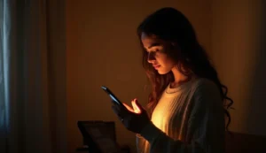 Mulher usando tecnologia para se conectar com a fé durante momento de oração