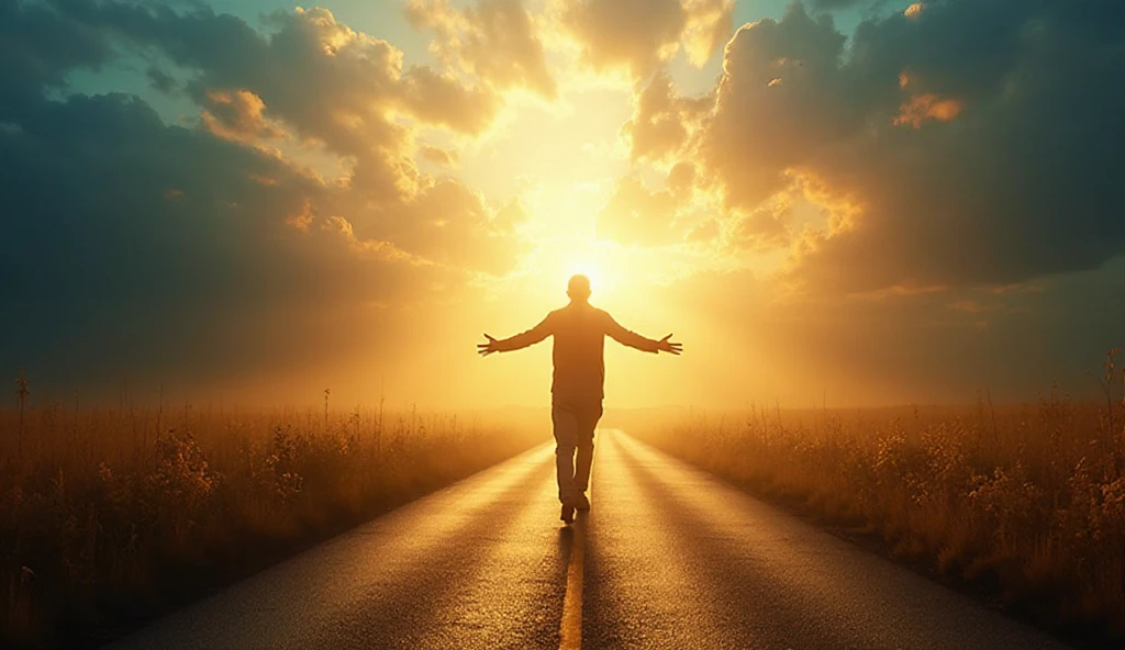 Pessoa caminhando em jornada de fé com luz divina iluminando o caminho à frente - confiança em Deus