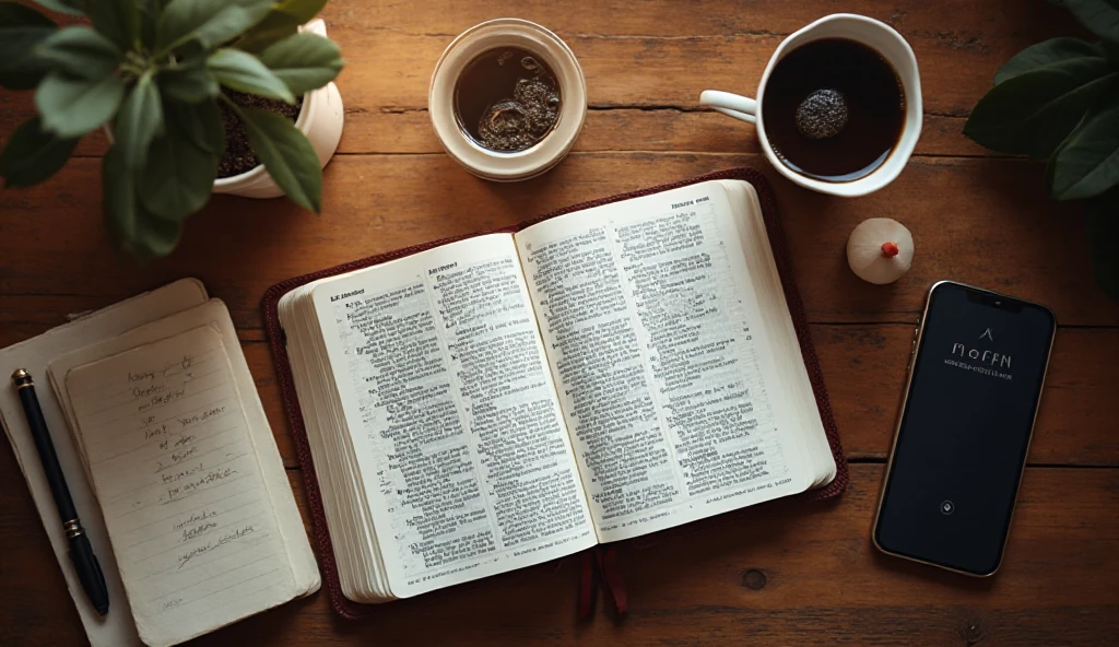 Setup matinal para oração - Bíblia aberta, café e caderno de orações - como começar seus 5 minutos com Deus
