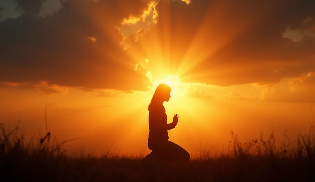 Pessoa orando ao amanhecer com raios de luz atravessando nuvens - Deus tem um plano de esperança