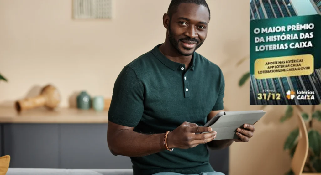 Homem segurando um tablet da Mega da Virada 2025 ao lado bilhetes da mega da virada