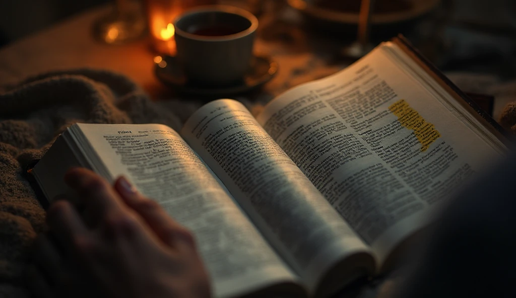 Mãos segurando Bíblia aberta no Salmo 4 versículo sobre dormir em paz - leitura bíblica noturna