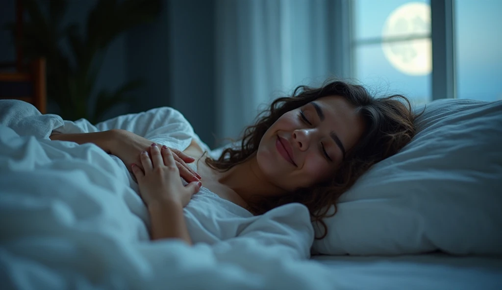 Mulher dormindo em paz profunda após oração da noite - sono tranquilo e restaurador pela fé