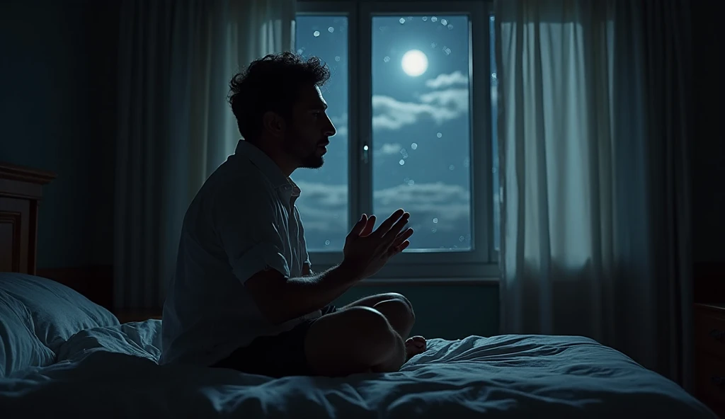 Homem sentado na cama com expressão de alívio após oração contra ansiedade e insônia noturna
