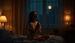 Mulher fazendo oração da noite para dormir em paz sentada na cama com luz suave e ambiente tranquilo