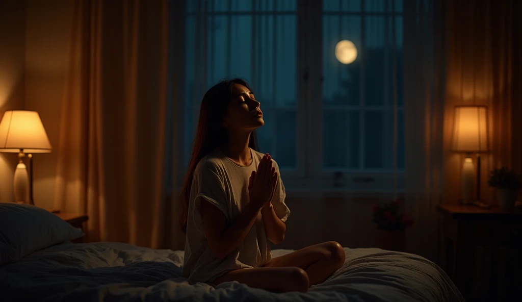 Mulher fazendo oração da noite para dormir em paz sentada na cama com luz suave e ambiente tranquilo