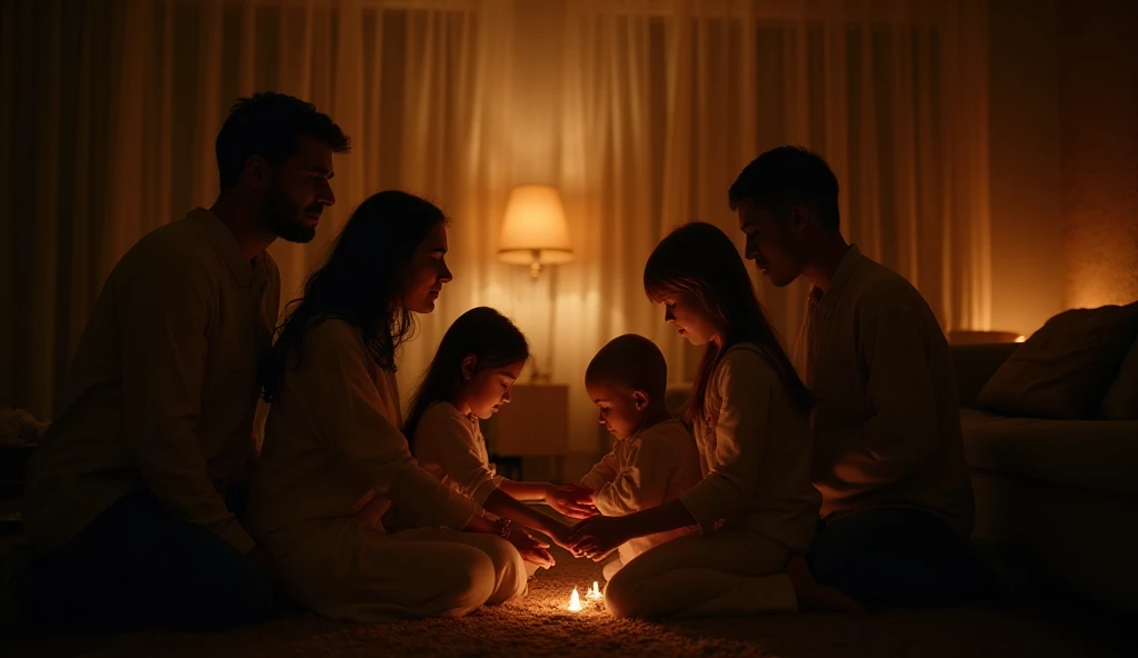 Família fazendo oração da noite juntos de mãos dadas - pais e filhos orando antes de dormir