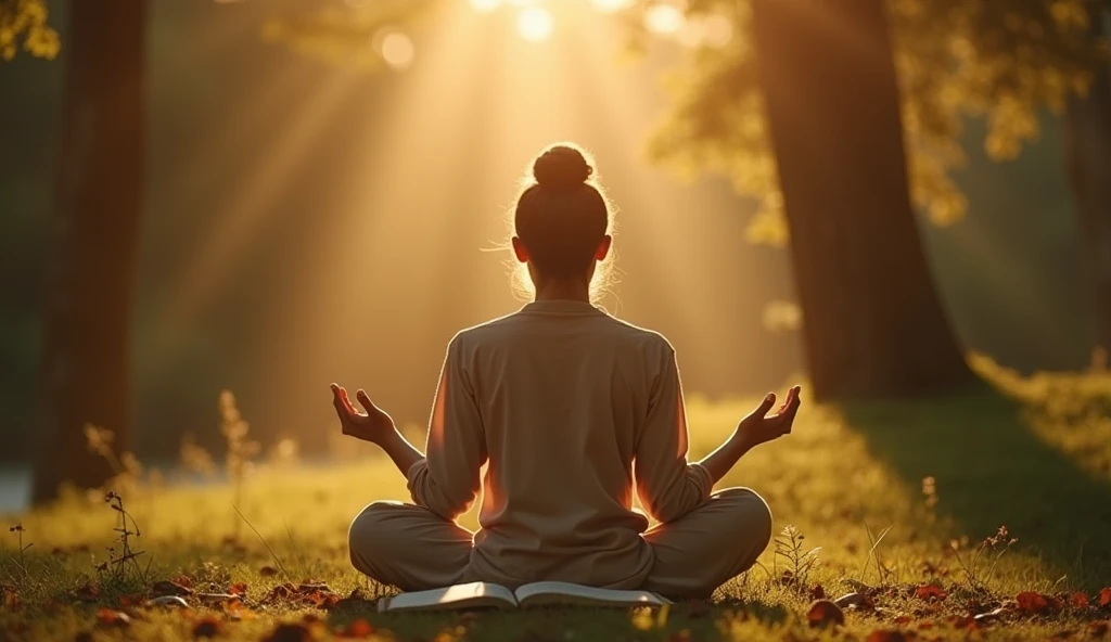 Pessoa em paz espiritual meditando sobre ensinamentos bíblicos de contentamento com salários e confiança em Deus