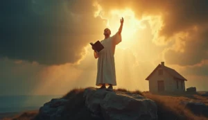 Homem de fé em pé sobre rocha firme tempestade casa alicerce Jesus convicção inabalável prática ensinamentos