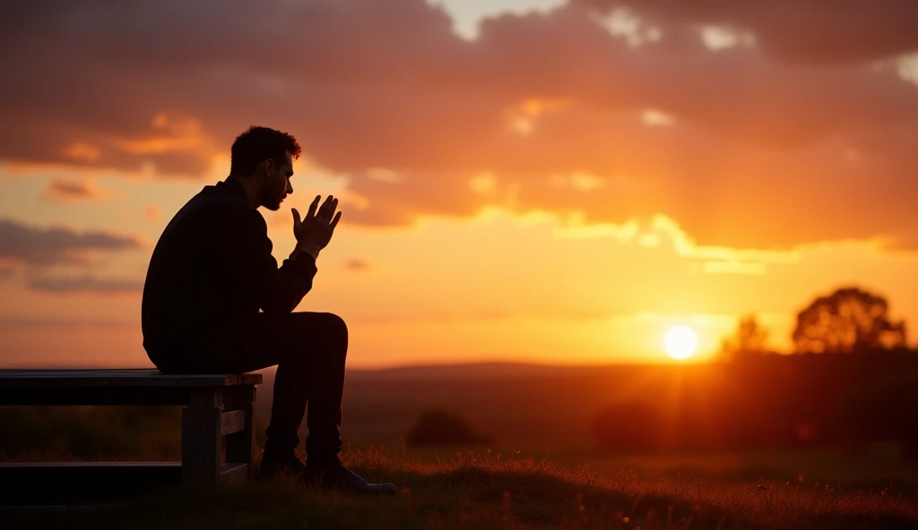 Pessoa em momento de reflexão espiritual ao pôr do sol pensando sobre suas ações e propósito de vida