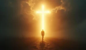 Pessoa caminhando da escuridão para luz divina valei-vos da luz transformação espiritual salvação em Cristo