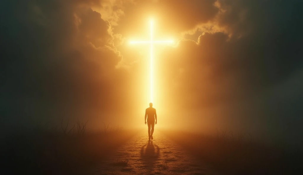 Pessoa caminhando da escuridão para luz divina valei-vos da luz transformação espiritual salvação em Cristo