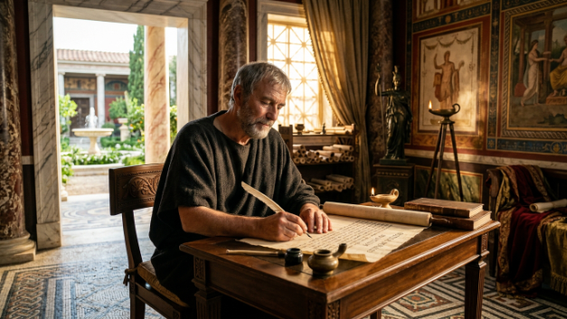 Sêneca escrevendo suas Cartas a Lucílio sobre tempo, virtude e sabedoria.