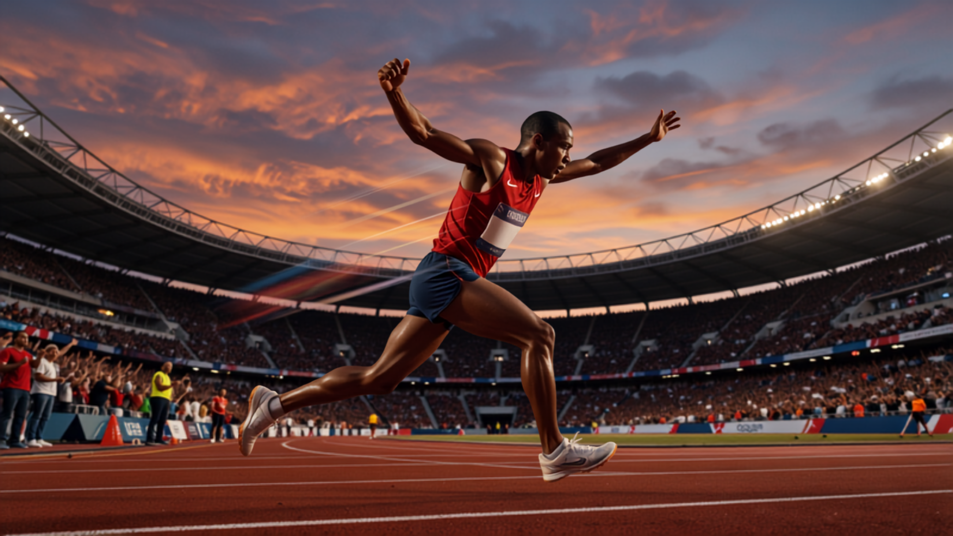Atleta cruzando a linha da vitória, símbolo de energia inesgotável