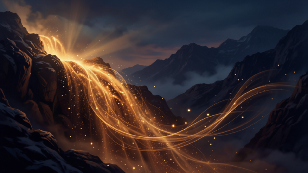 Cascata de luz dourada como uma avalanche de energia espiritual descendo sobre montanhas