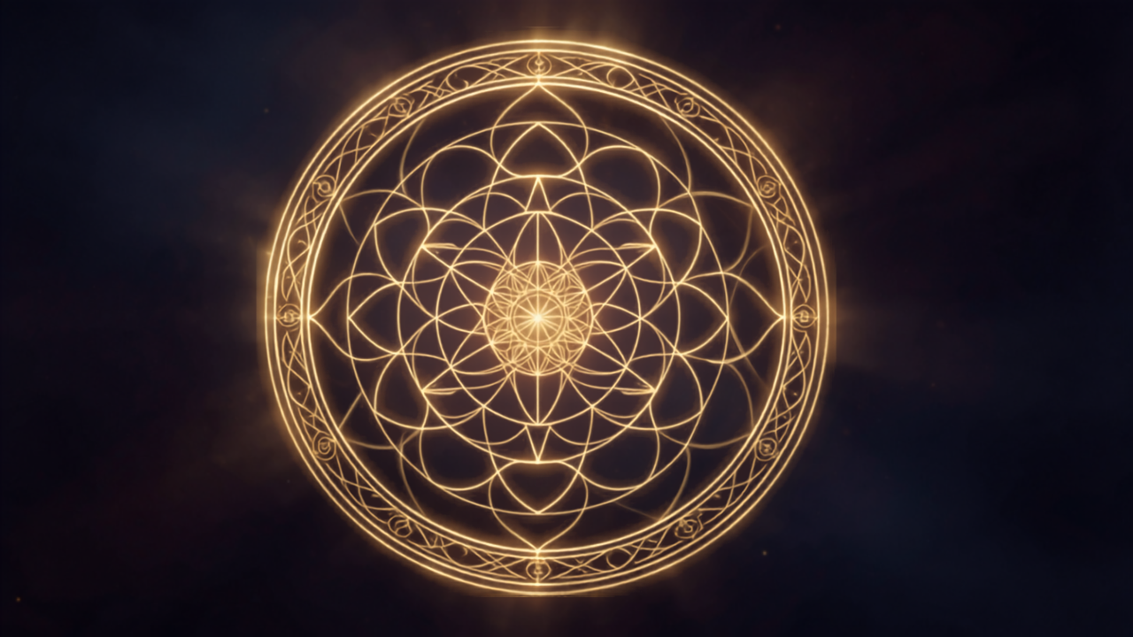 Círculo mágico dourado com geometria sagrada radiante, símbolo de proteção e invulnerabilidade