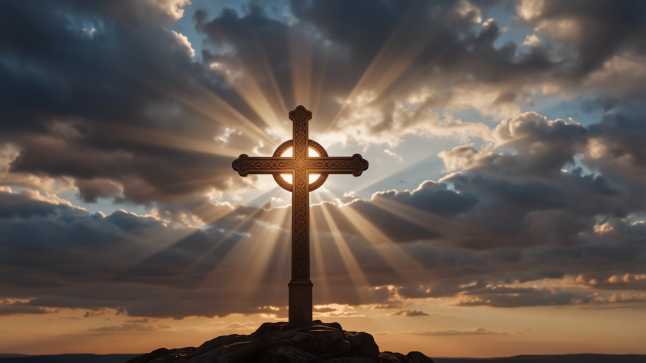 Cruz dourada vazia banhada por luz radiante do amanhecer, raios de sol rompendo as nuvens