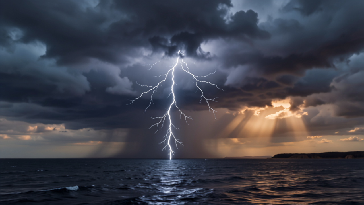 Poderoso raio atravessando nuvens escuras de tempestade sobre o oceano calmo, com luz dourada rompendo as nuvens ao fundo, simbolizando o domínio sobre os quatro elementos