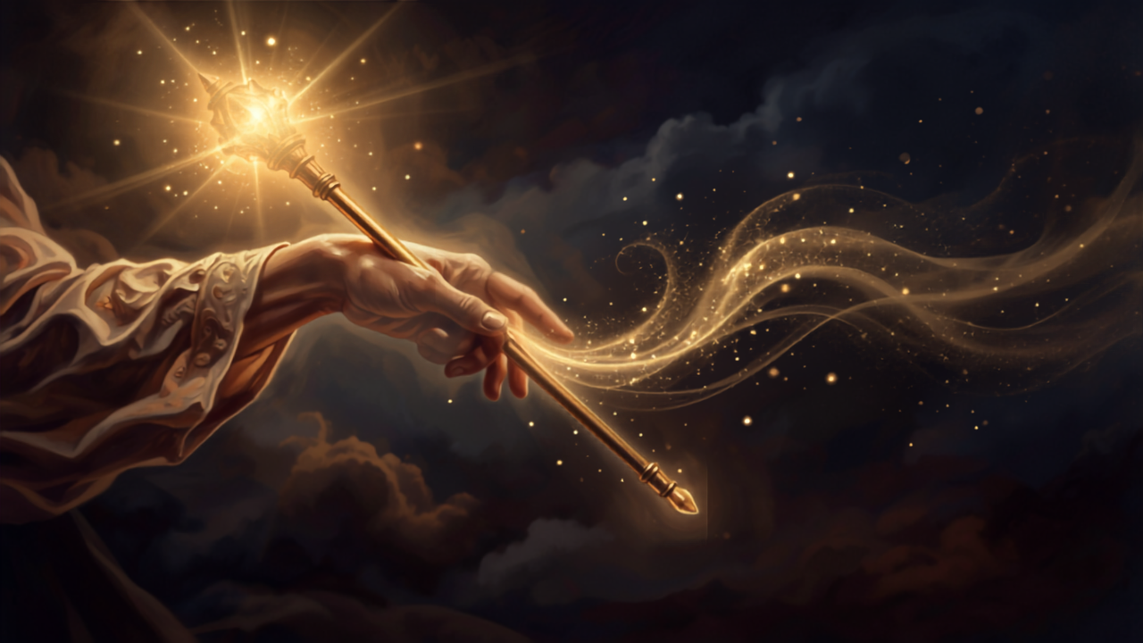 Mão segurando um cetro dourado radiante com partículas de luz dourada fluindo ao redor na escuridão, simbolizando empunhar o Cetro do poder e domínio para precipitar todas as coisas terrestres
