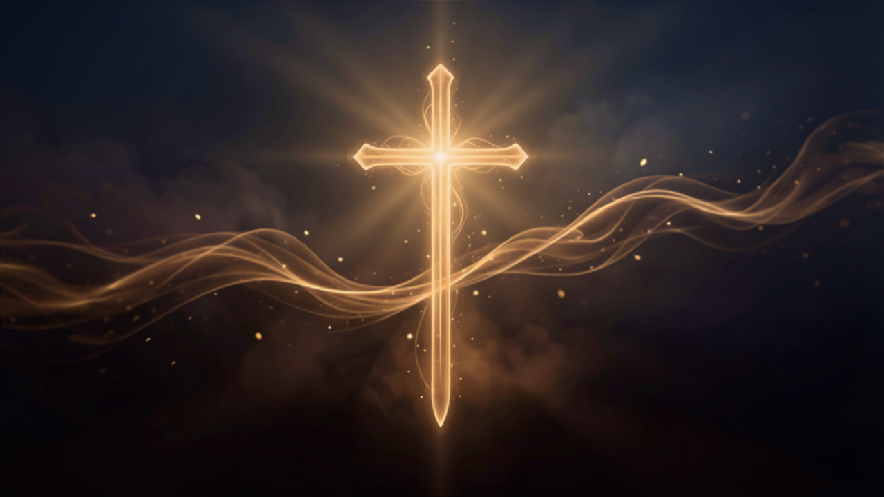 Espada de luz dourada dissolvendo-se em uma cruz radiante de luz, simbolizando a Cruz de Liberdade
