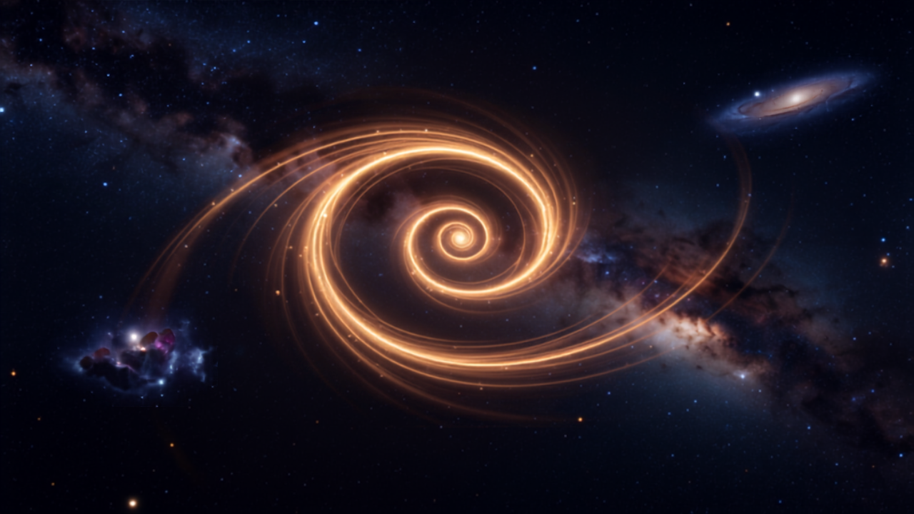 Vasta espiral dourada de luz girando no espaço profundo, simbolizando o começo de um novo ciclo cósmico