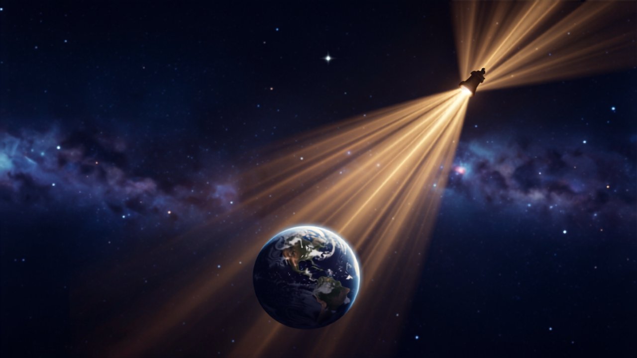 Farol de luz dourada cósmico irradiando proteção sobre um pequeno planeta Terra no espaço escuro