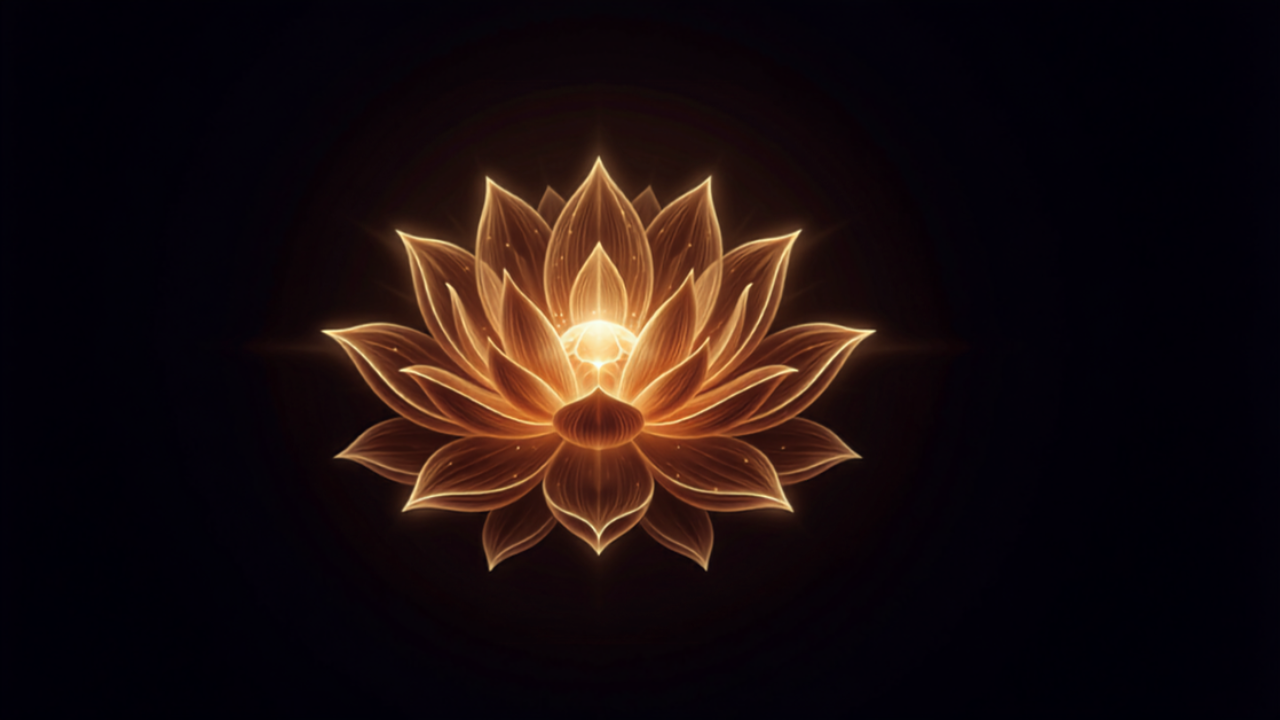 Flor de lótus dourada radiante flutuando na escuridão com uma jóia de luz em seu centro, pétalas como avenidas de luz