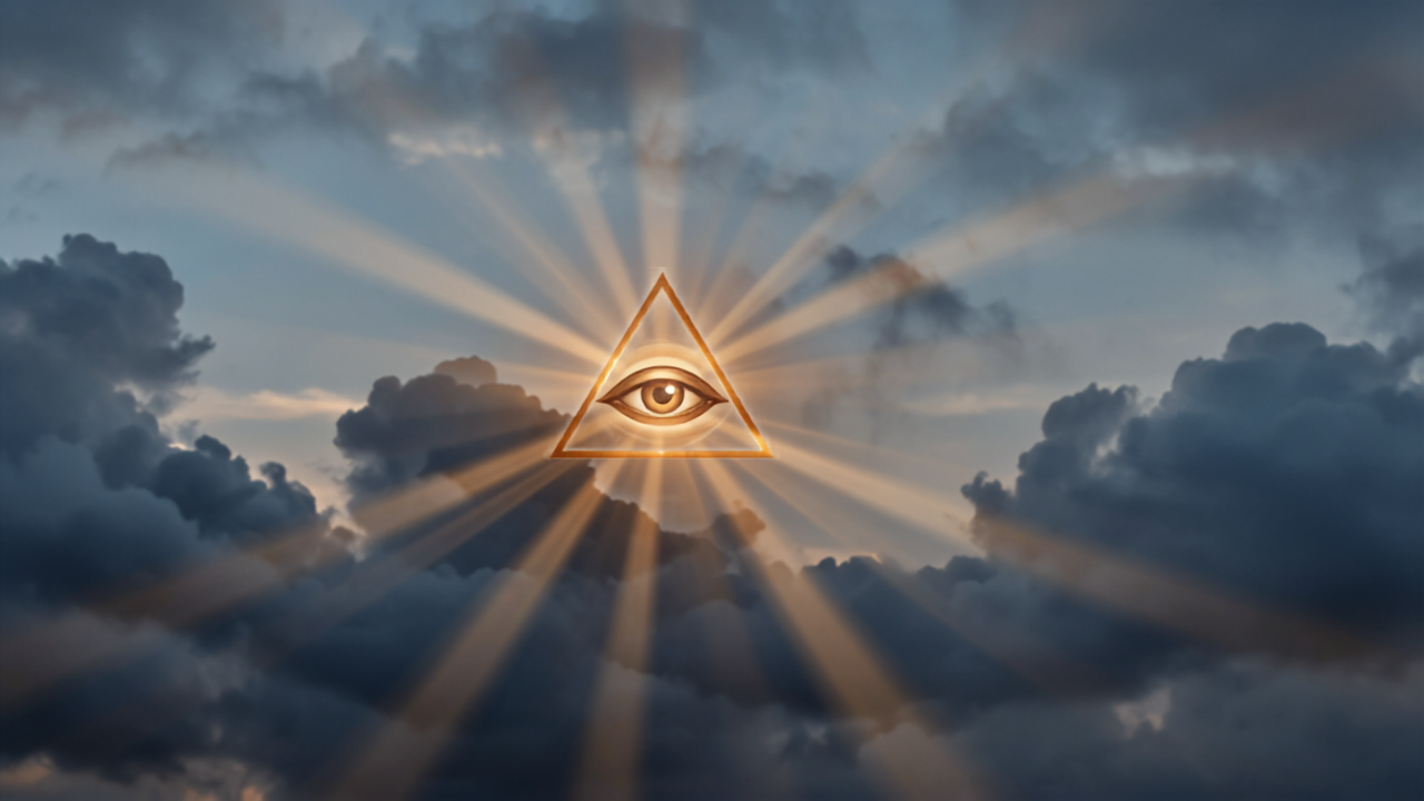 Olho triangular dourado radiante brilhando entre nuvens no céu, com raios de luz se espalhando em todas as direções