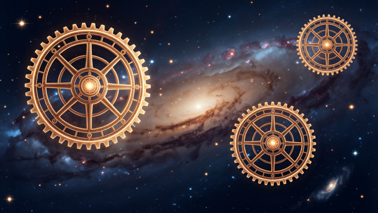 Engrenagens douradas cósmicas girando em harmonia sobre o fundo de uma galáxia espiral