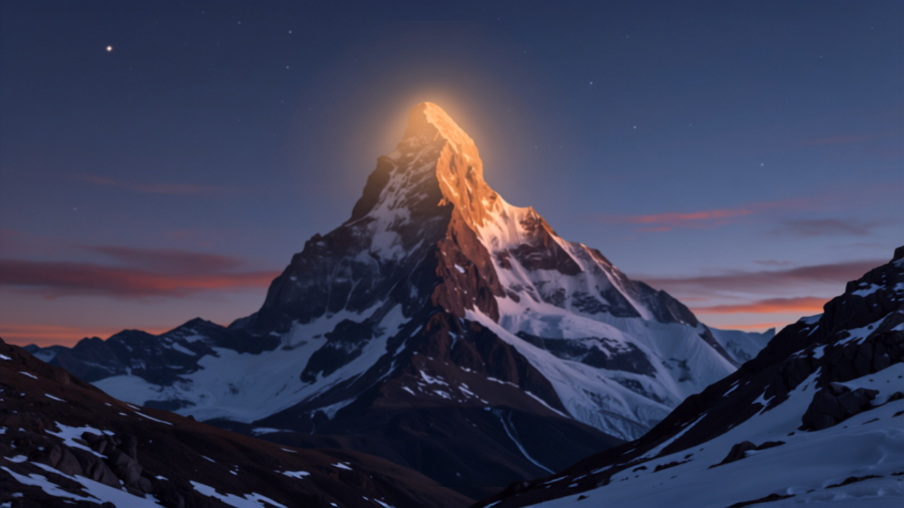 Majestoso pico de montanha nevado brilhando com luz dourada mística em seu cume ao entardecer