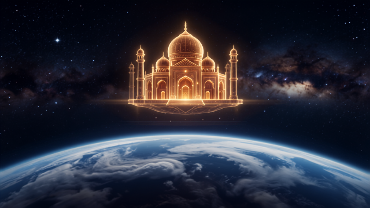 Templo dourado radiante flutuando no Cinturão Etérico acima da atmosfera da Terra, vista do espaço