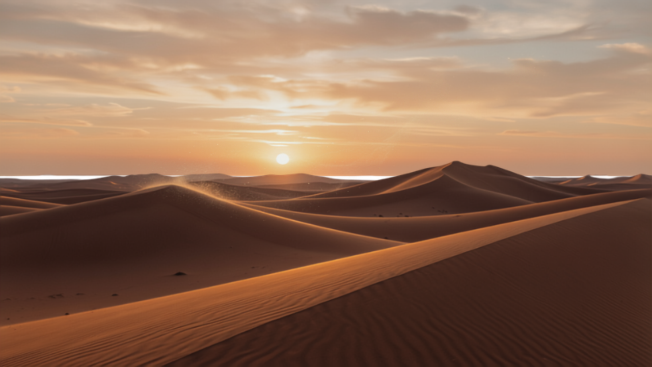 Dúnas de areia dourada ao entardecer com o sol se põe no horizonte, simbolizando como o arrimo financeiro externo é fugaz como as areias movediças