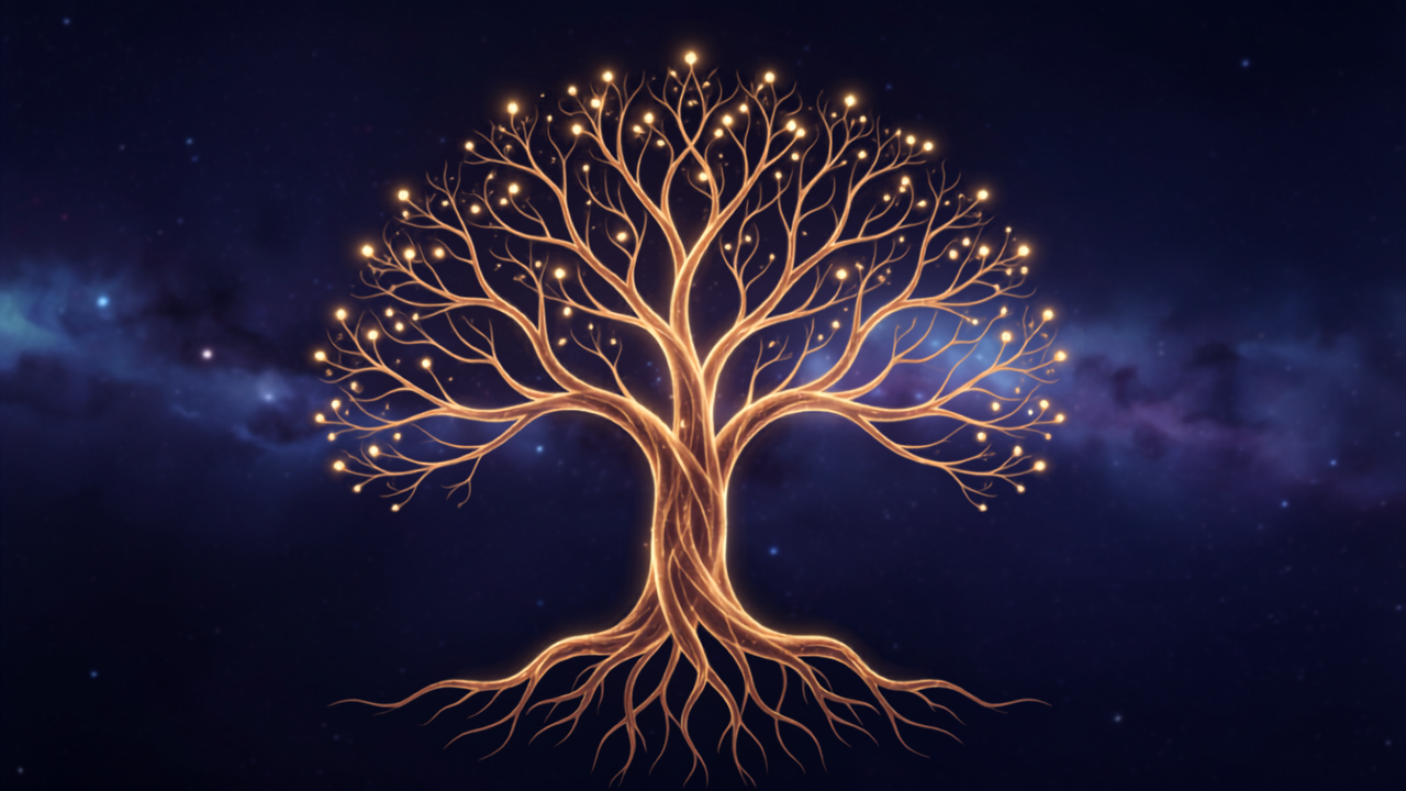 Árvore da Vida dourada e radiante com galhos luminosos entre estrelas, simbolizando a manifestação de Jesus Cristo sob a forma da Árvore da Vida com cada estudante sendo um ramo