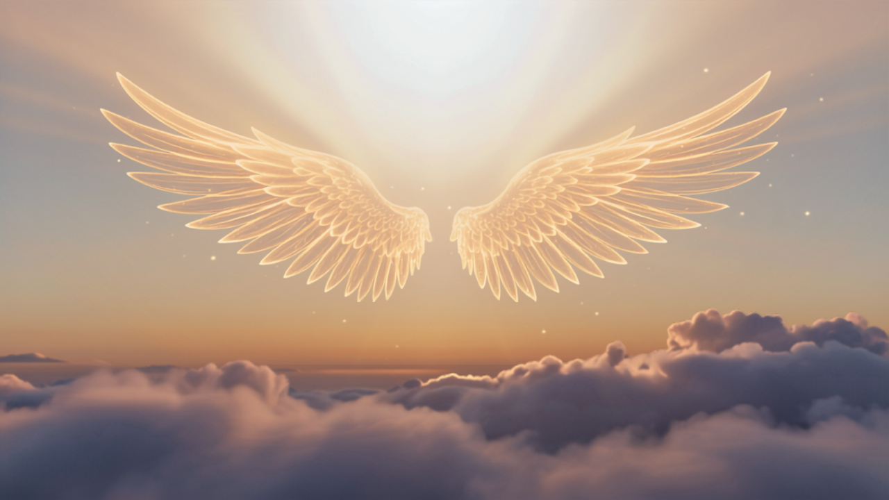 Asas radiantes de luz dourada e branca ascendendo em direcao a um ceu infinito e luminoso sobre nuvens, simbolizando ascender nas Asas da Poderosa Presenca EU SOU para a liberdade