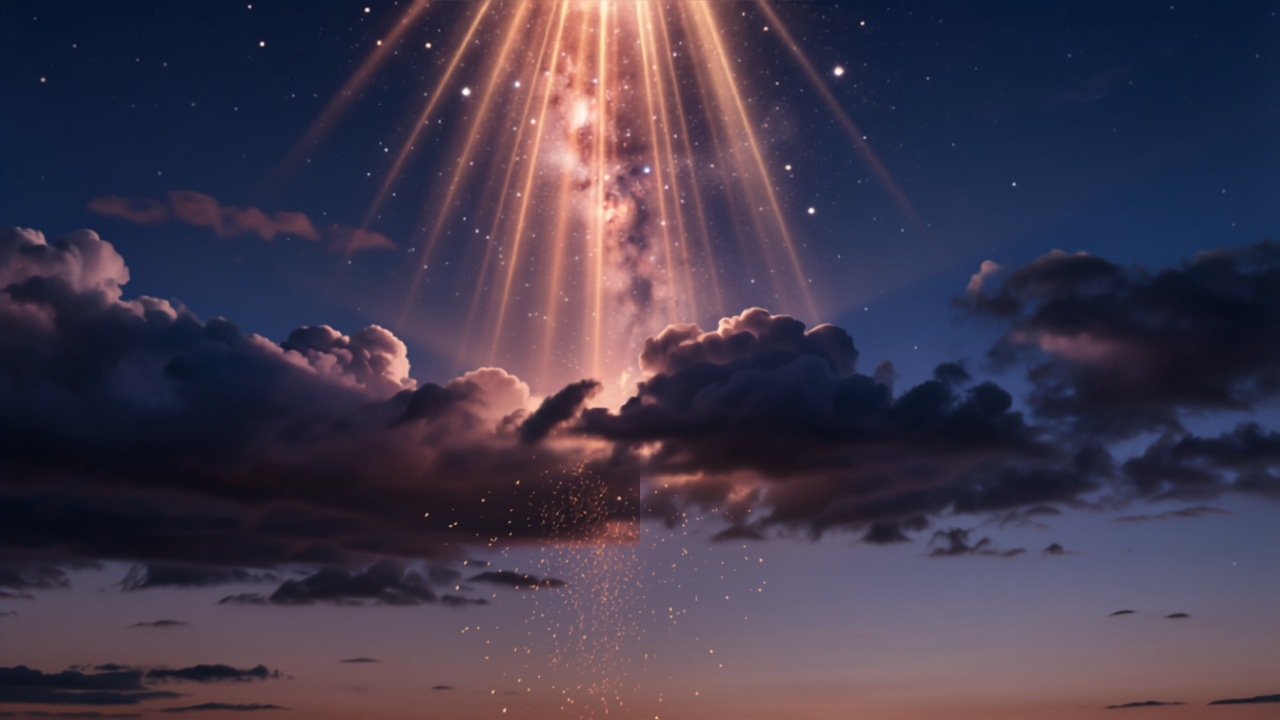 Raios cósmicos dourados e rosa descendo do céu e dissolvendo nuvens escuras de tempestade em partículas douradas, simbolizando a Caridade dissolvendo o ódio e a crítica