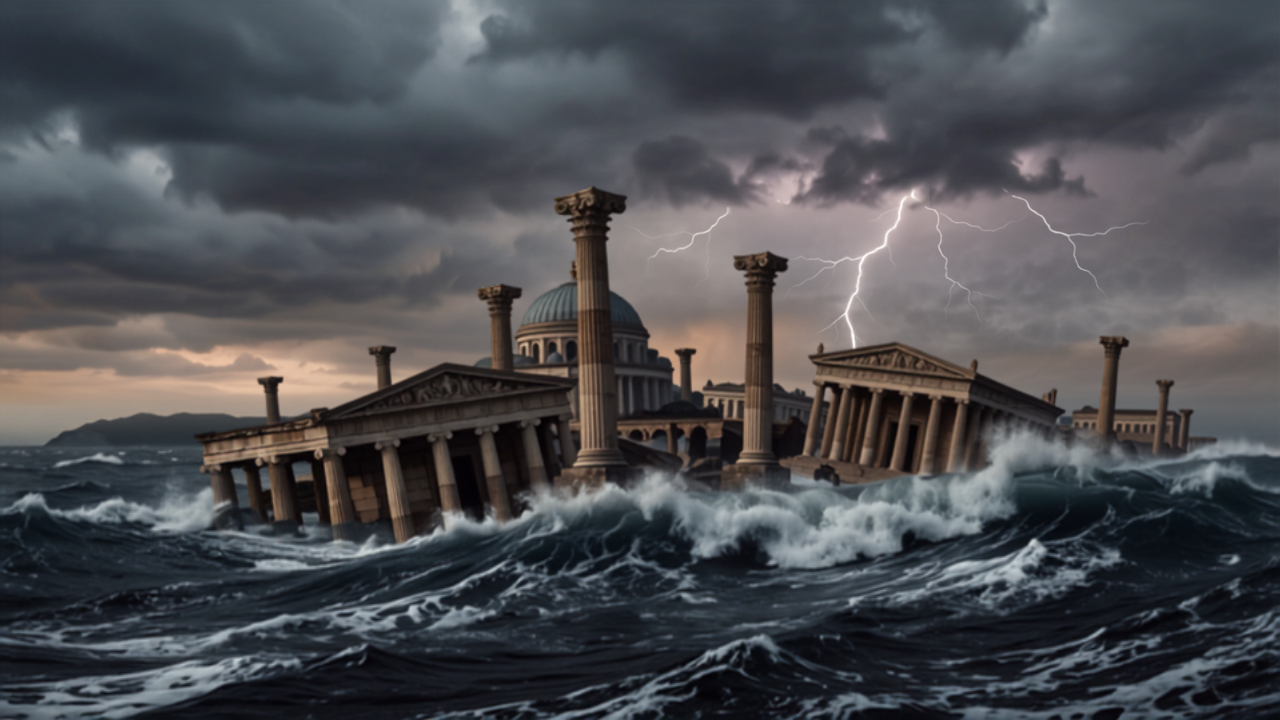 Cidade antiga majestosa com colunas e templos afundando sob ondas escuras do oceano durante uma grande tempestade, simbolizando o cataclismo da Atlântida