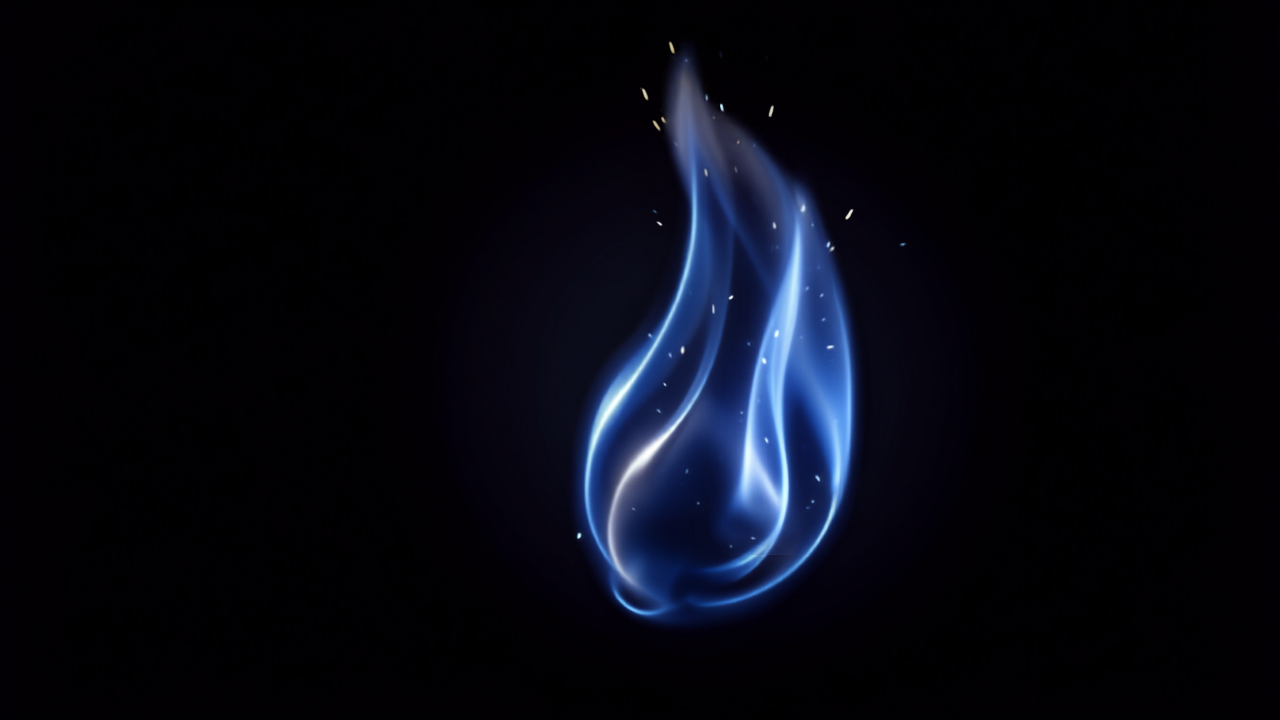 Chama azul brilhante ardendo na escuridão com pequenas faíscas de luz, simbolizando o poder da vontade interior chamada chama azul e a determinação