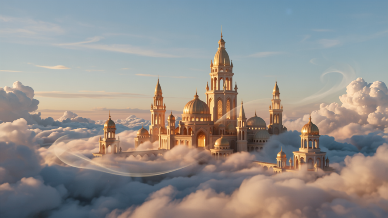 Cidade celestial dourada com torres radiantes flutuando serenamente sobre nuvens luminosas ao amanhecer, ilustrando a Cidade de Ouro mencionada por Saint Germain