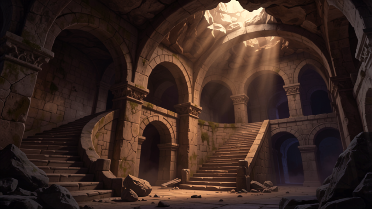 Ruínas de uma antiga cidade subterrânea com escadarias e arcos de pedra, iluminada por luz dourada filtrando de aberturas na caverna acima, simbolizando os vestígios da cidade subterrânea mencionada no discurso