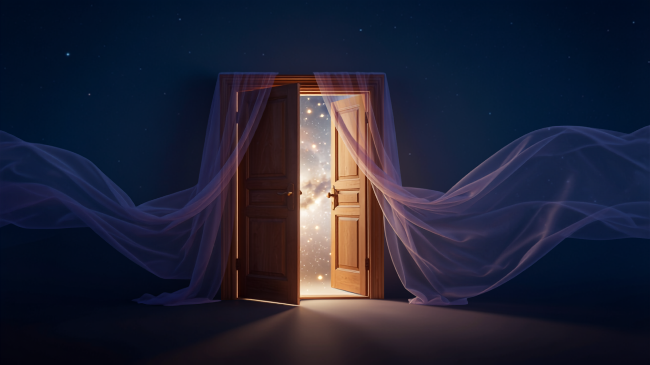 Porta dourada luminosa se abrindo através de um véu violeta translucido, revelando luz infinita, símbolo da Esperança como porta aberta através do véu