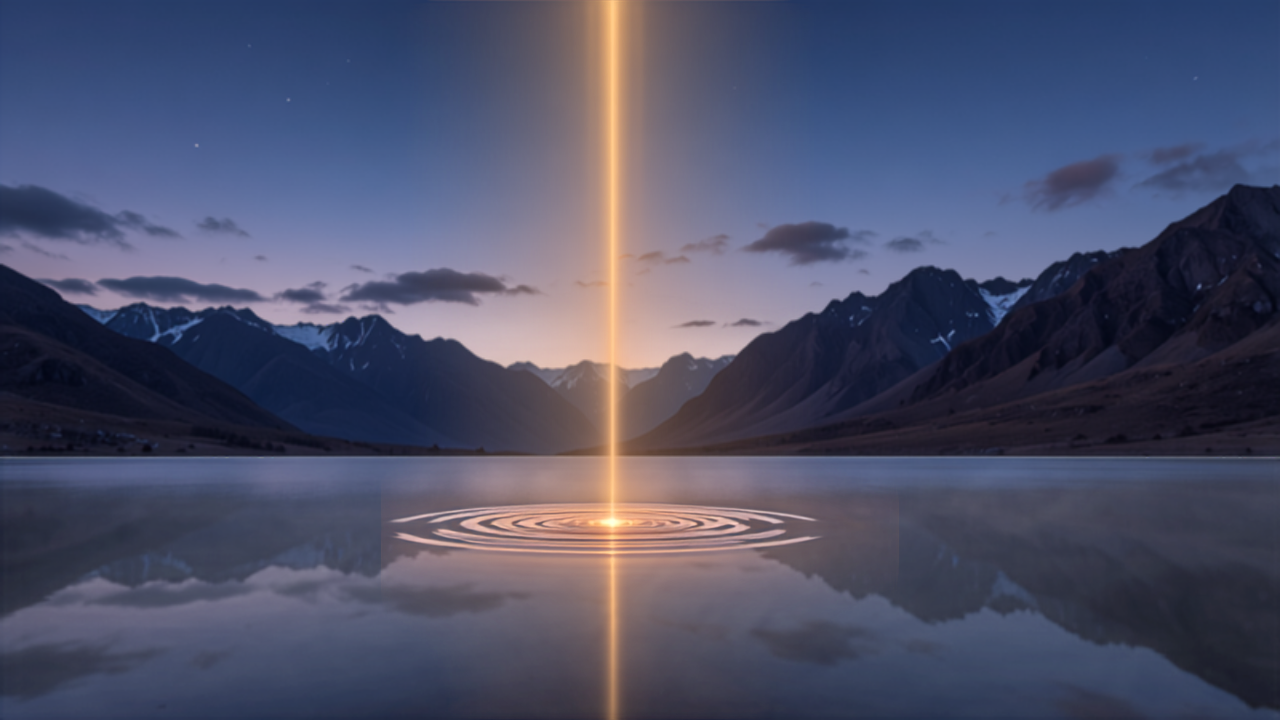 Lago Titicaca cercado pelas majestosas Montanhas dos Andes ao entardecer, com um raio de luz dourado descendo do ceu e entrando na superficie do lago, simbolizando um dos dois pontos mais intensos de Luz na Terra