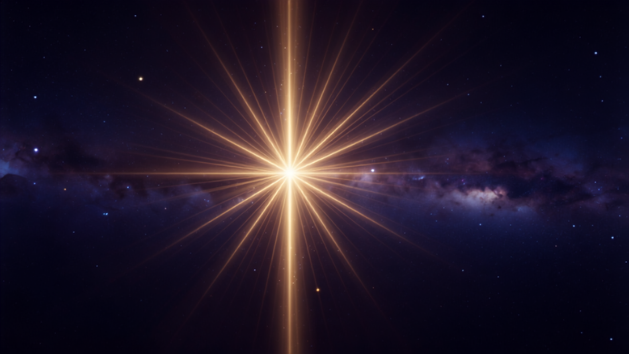 Pilar vertical de luz dourada e branca deslumbrante em pleno espaço cósmico irradiando em todas as direções, simbolizando a manifestação de Jesus Cristo como um Pilar de Irradiação Deslumbrante