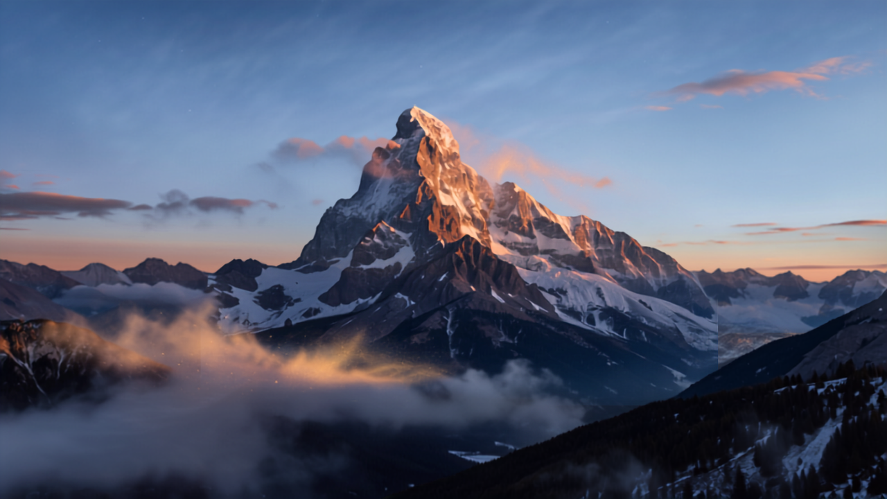 Majestoso pico de montanha nevado ao entardecer com neve fluindo suavemente pelas encostas, simbolizando o progresso continuo como a neve descendo da montanha